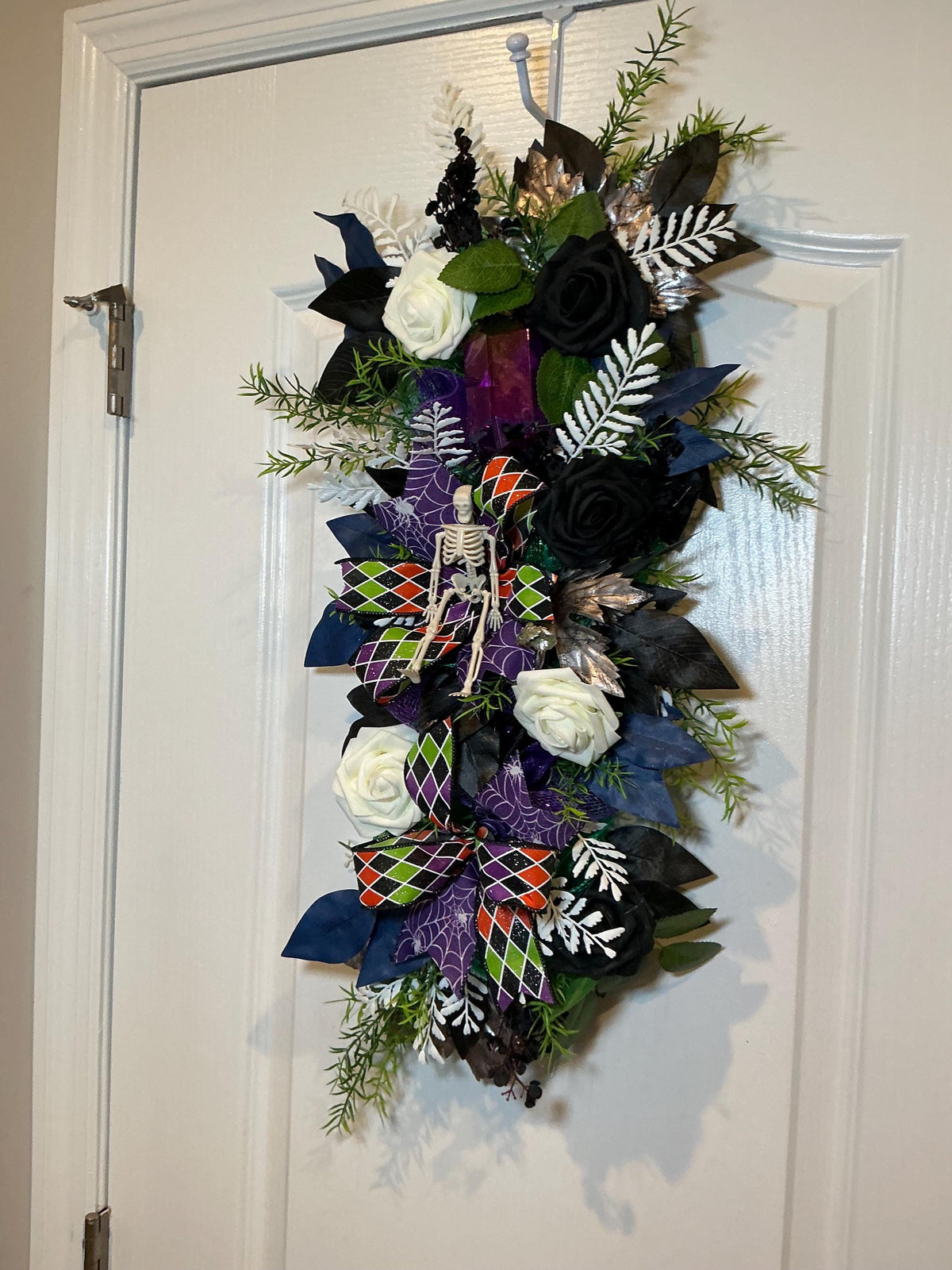 Gothic Halloween Floral Swag, Black Ivory Roses with Skeleton Spiderweb Bow