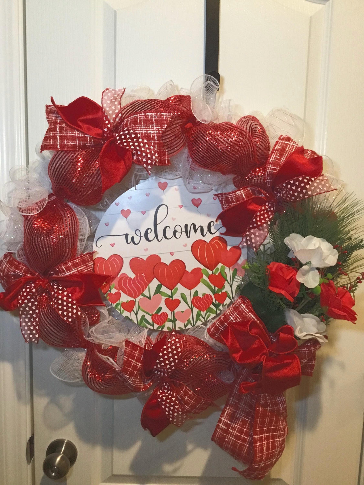Valentine’s Day Wreath, Red Deco Mesh Heart Door Decor, Welcome Valentine Front Door Hanging