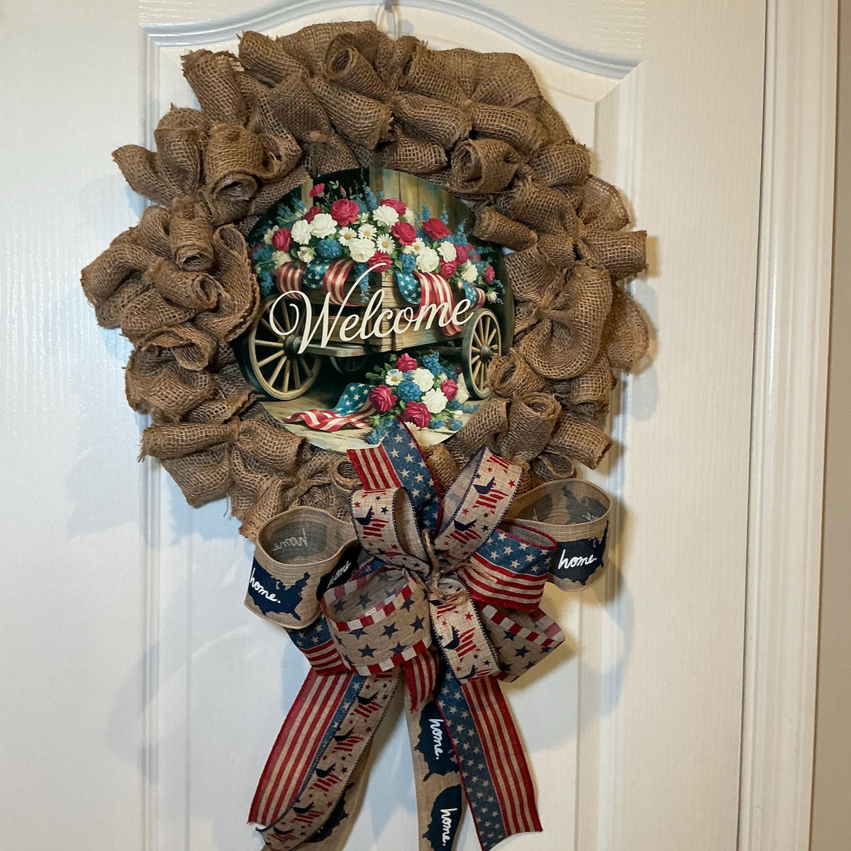 Wagon Wheel Welcome Sign Wreath, Burlap Patriotic Front Door Decor, Red White Blue Floral Rustic Fourth of July