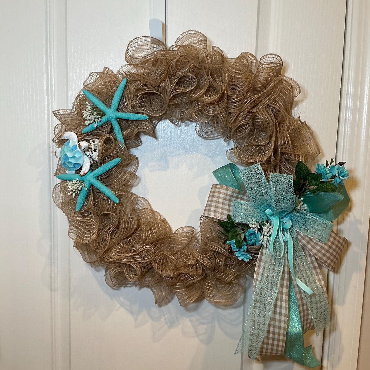 Coastal Burlap Wreath, Sea Turtle Starfish, Teal Beach House Decor, Nautical Summer Door Wreath