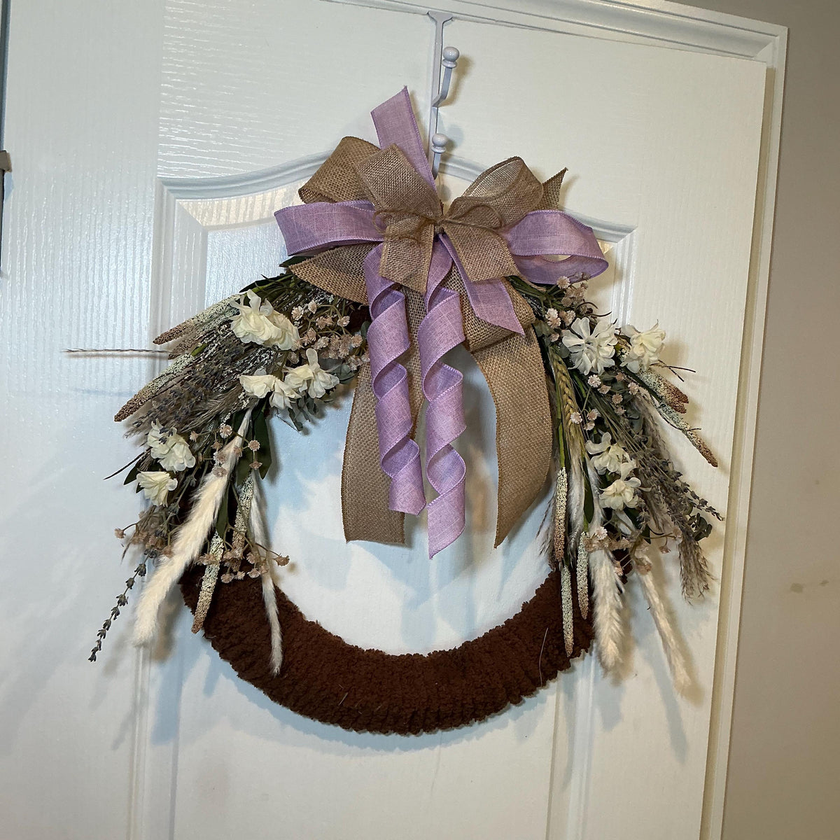Dried Lavender Farmhouse Wreath with Brown Chenille Base and Burlap Bow, Year Round Door Decor