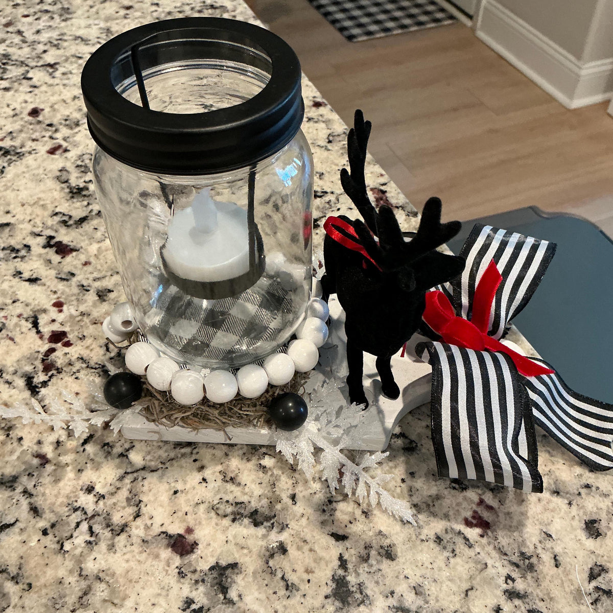 Farmhouse Christmas Lantern Centerpiece, Black Reindeer, Buffalo Ribbon, Wood Base