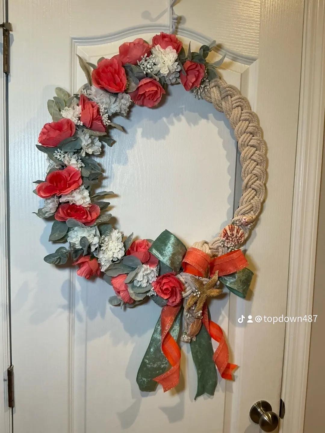 Handmade Coral Rose Coastal Wreath, Rope Nautical Beach Decor, Seashell Starfish Front Door Wreath