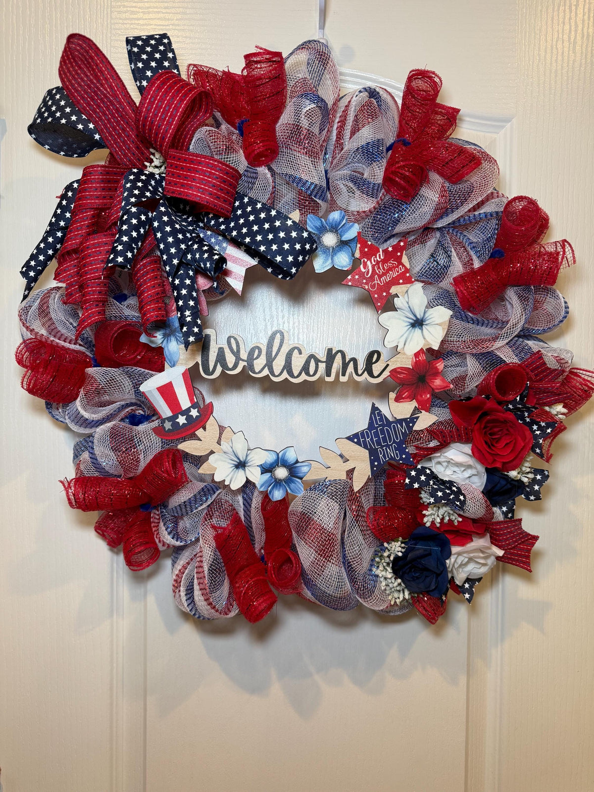 Patriotic Welcome Wreath with Red White Blue Polka Dot Bow and Star, Fourth of July Door Decor