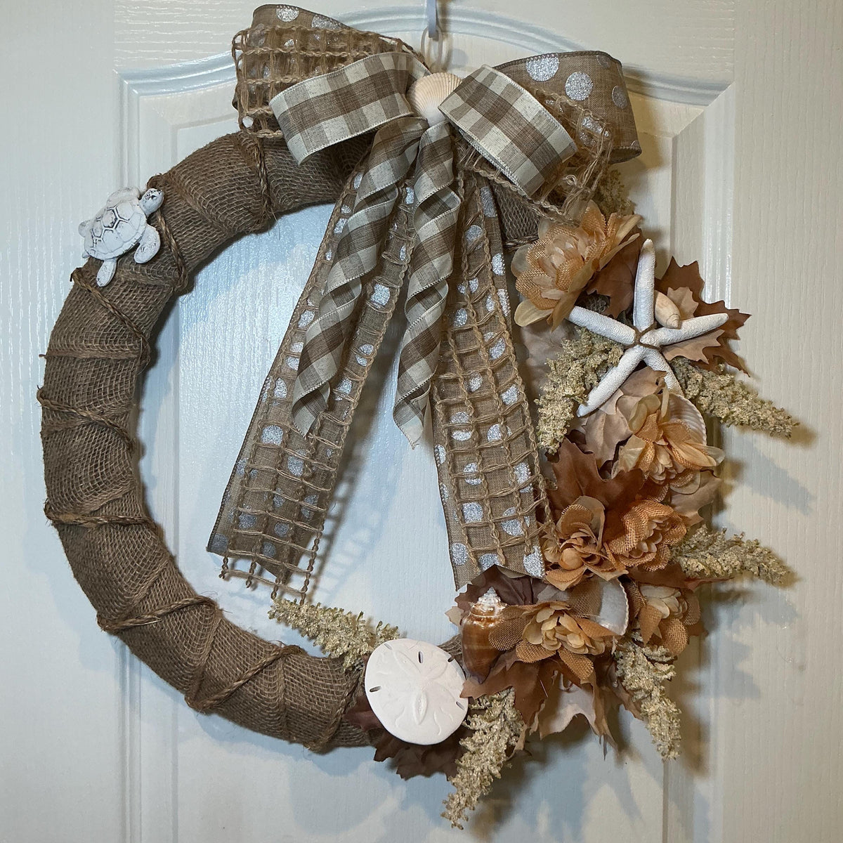 Coastal Fall Burlap Wreath, 18 Inch Sand Dollar Starfish Turtle and Autumn Leaves