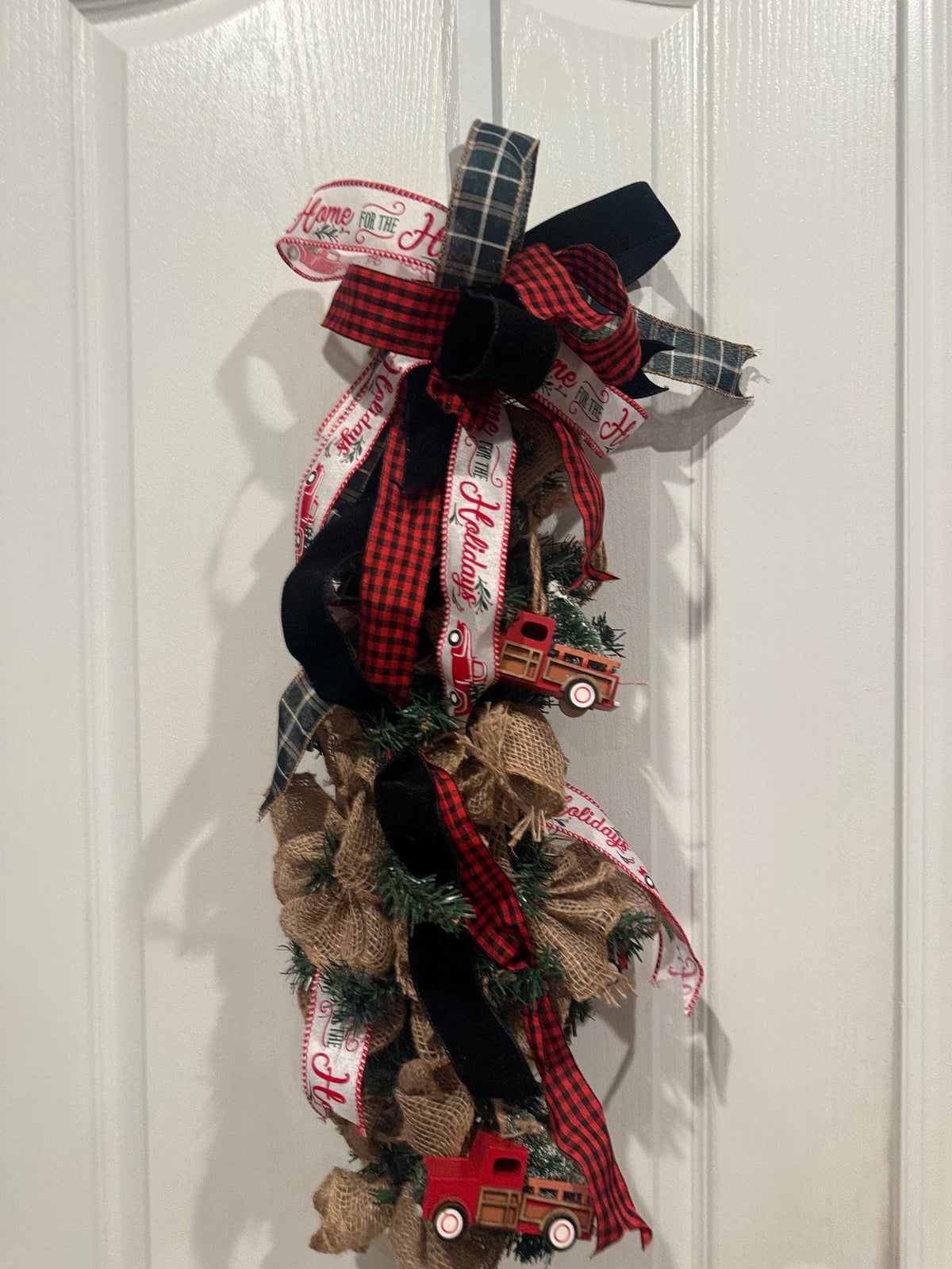Farmhouse Christmas Swag, Burlap Red Truck, Buffalo Plaid Door Decor