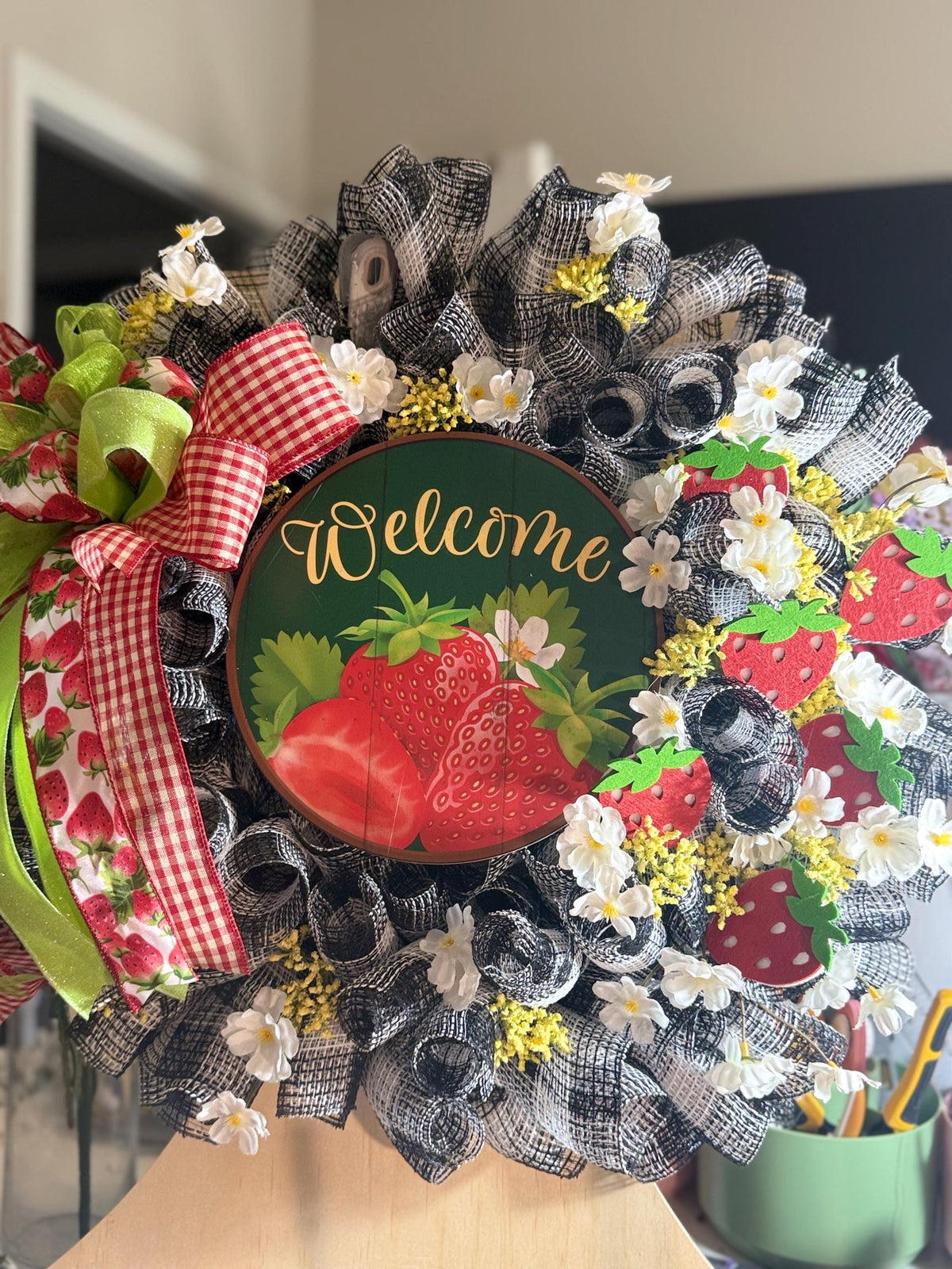 Strawberry Welcome Wreath with Buffalo Check Mesh, Storm Door Friendly Farmhouse Decor