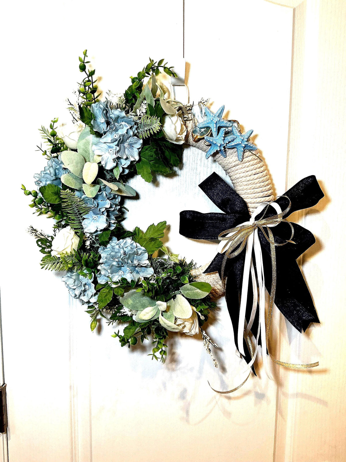 Oyster Shell Coastal Rope Wreath with Blue Hydrangea and Starfish, Nautical Door Decor