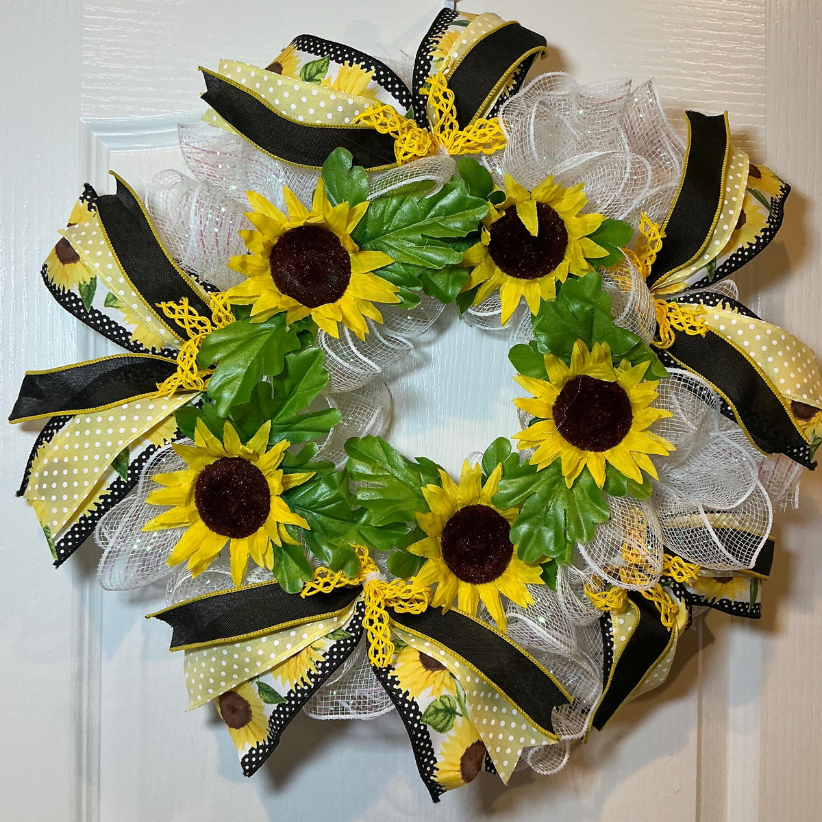 Sunflower Wreath, 12 Inch Black Yellow Polka Dot Bow on White Mesh