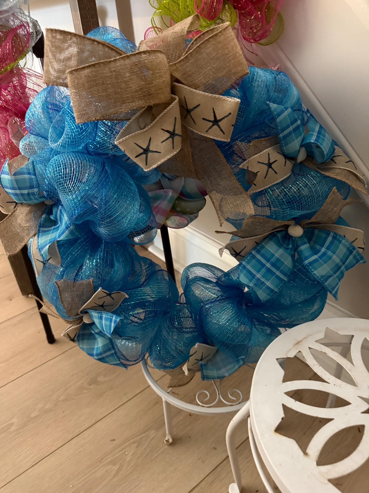 Blue Plaid Burlap Coastal Wreath, Starfish Beach Decor, Nautical Door Accent