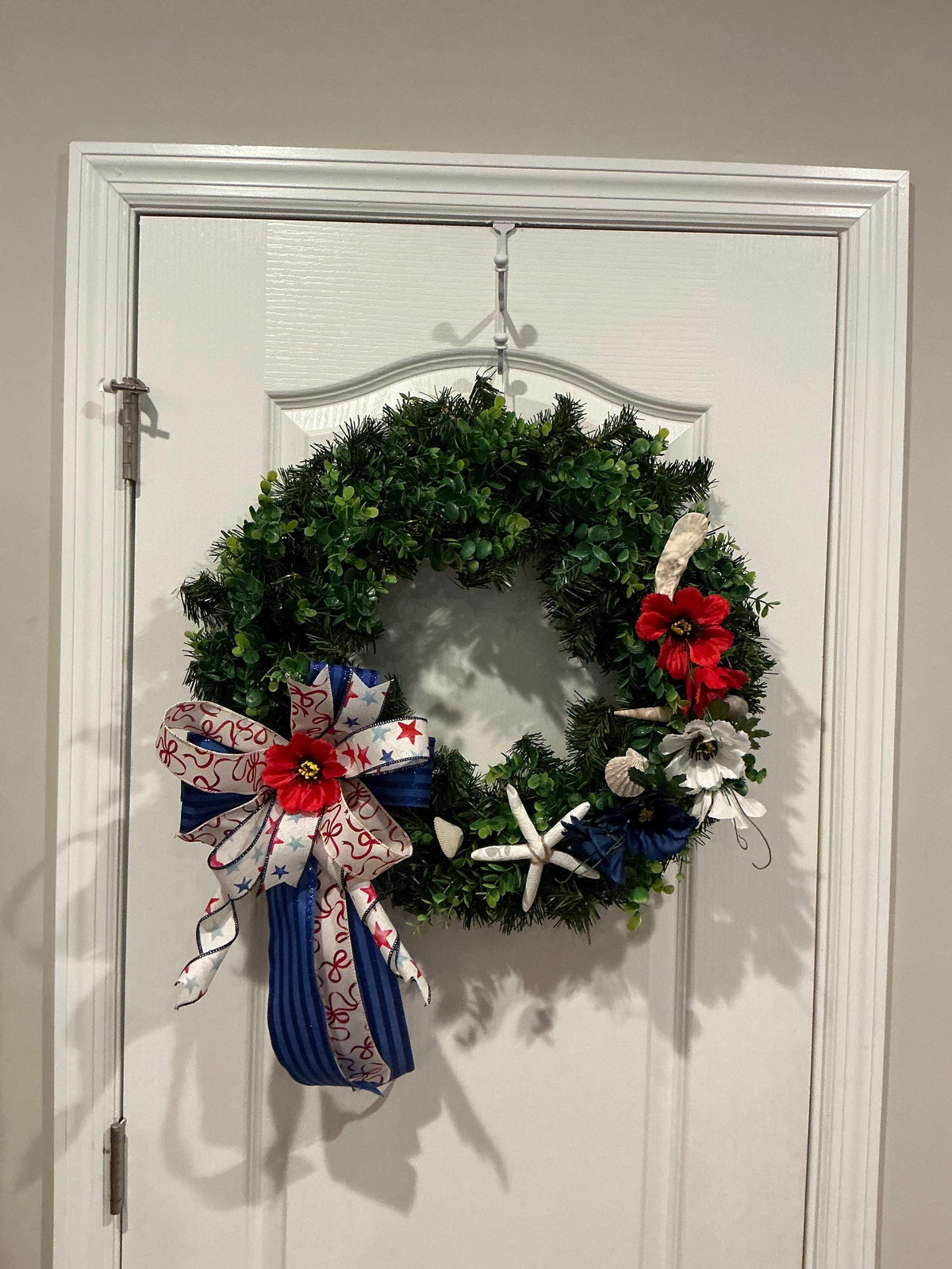 Coastal Americana Wreath, Starfish Boxwood Patriotic Door Decor, Fourth of July Beach Accent