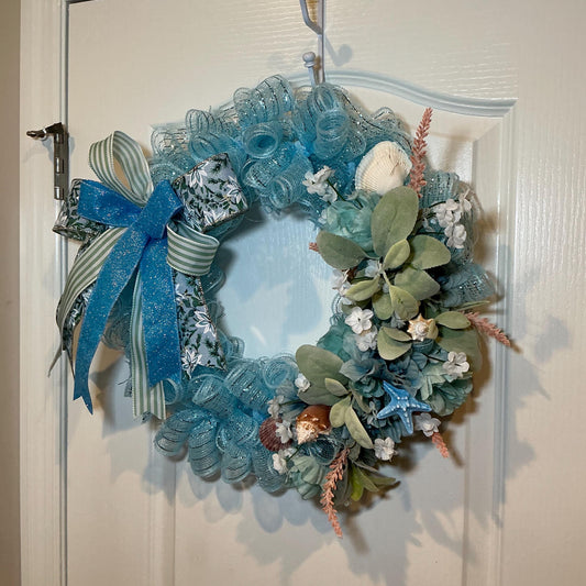 14 Inch Coastal Seashell Wreath for Storm Door with Blue Starfish and Teal Hydrangeas
