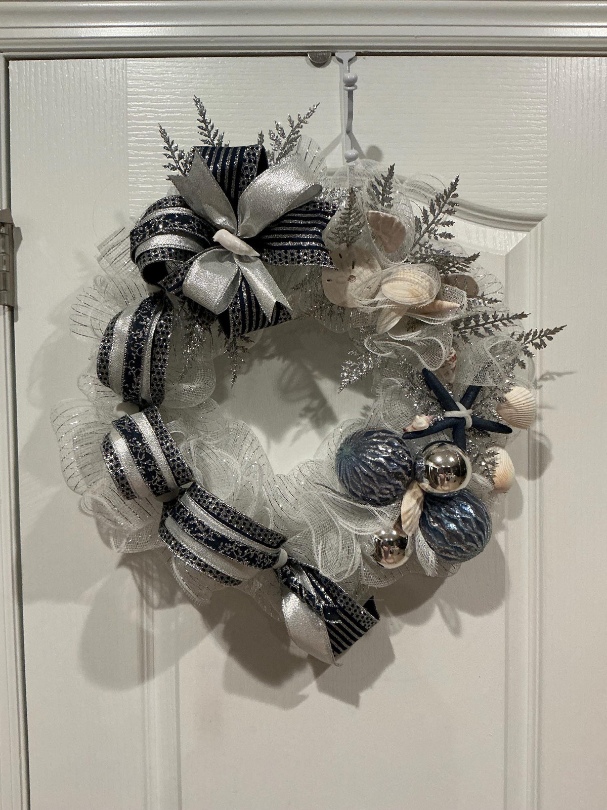 Navy Silver Coastal Christmas Wreath with Seashells and Starfish, Space Saver Door Decor