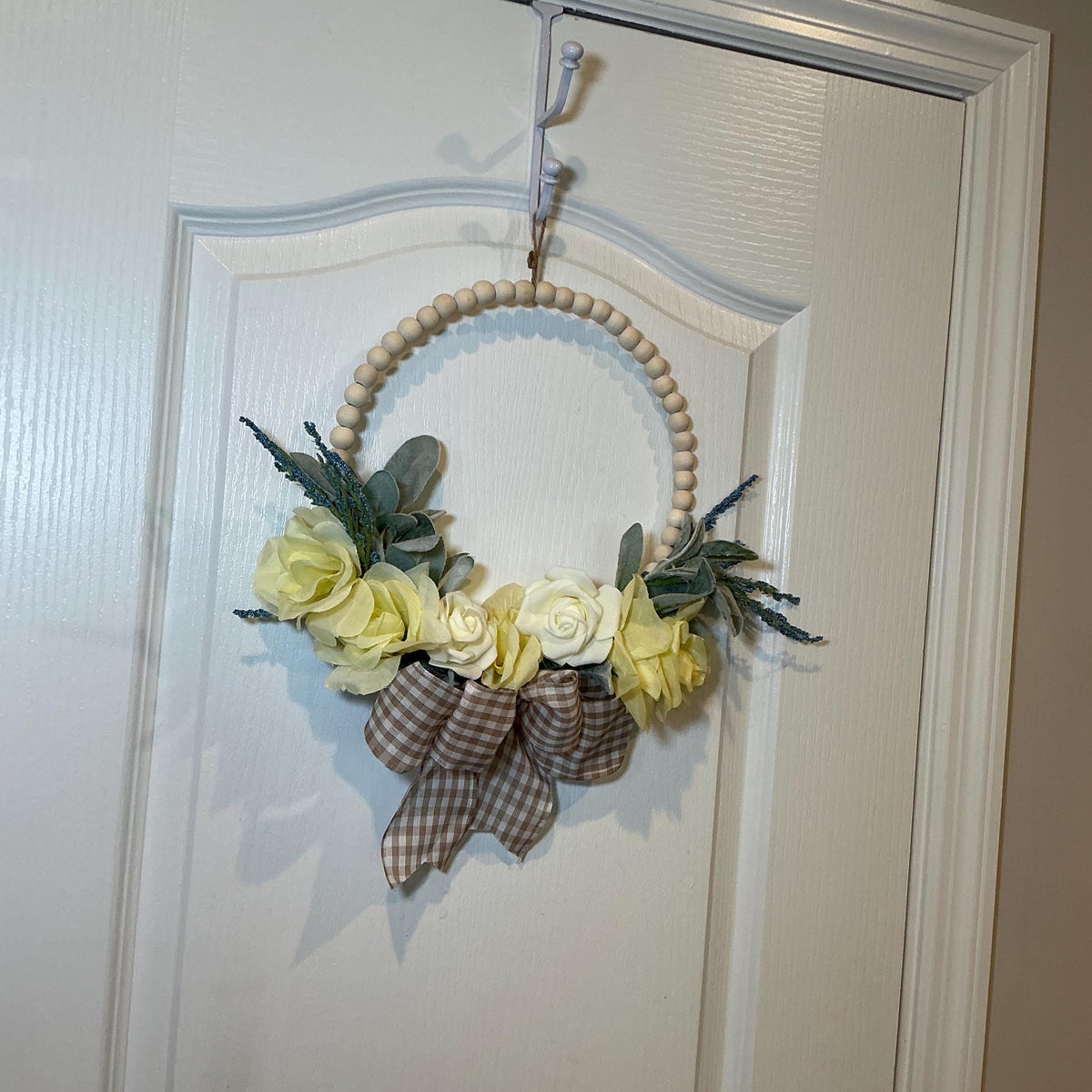 Handmade Yellow Rose Lambs Ear Wreath, Wooden Bead Ring, Spring Floral Decor