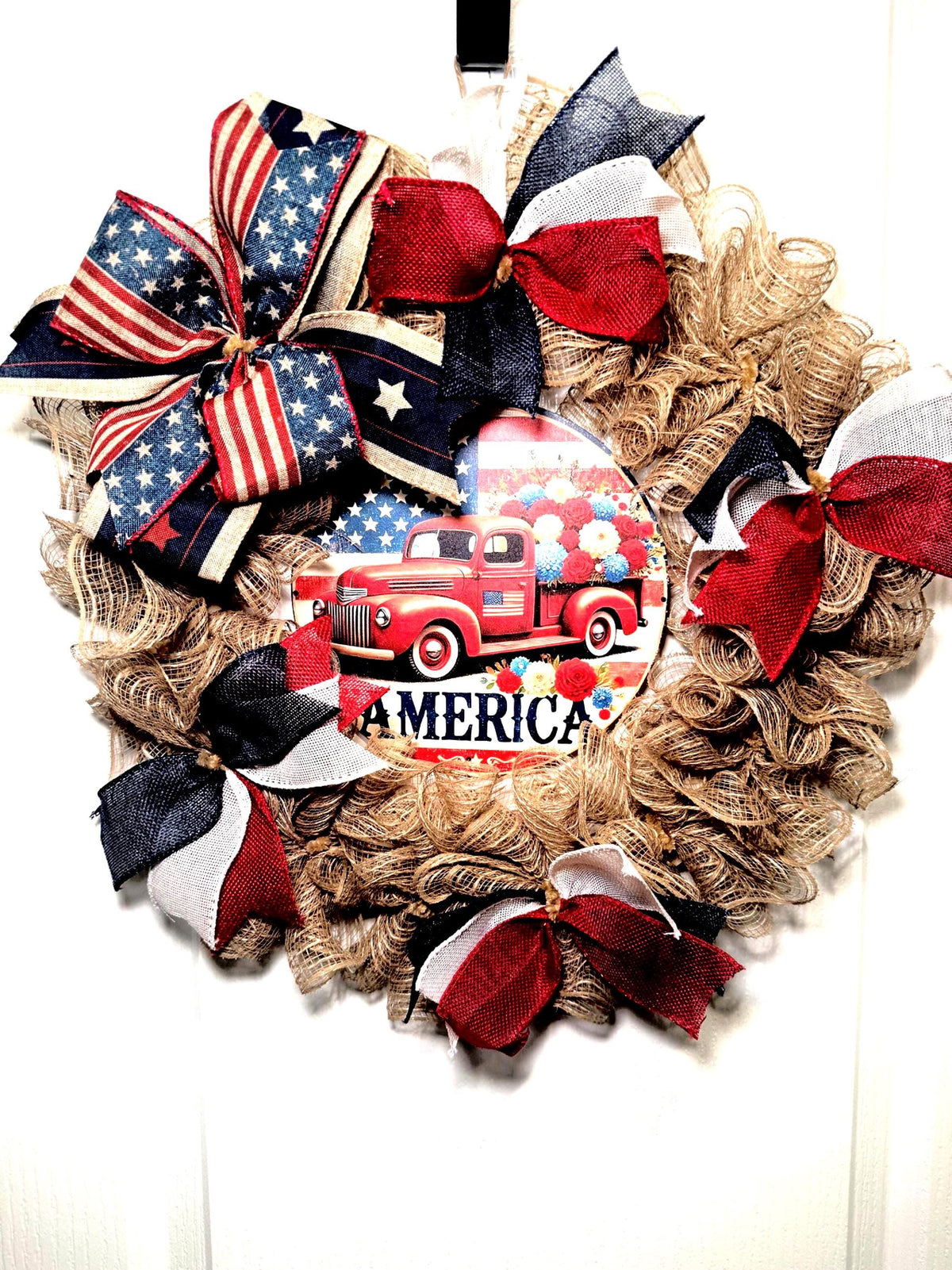 Burlap Red Truck Wreath, Americana Farmhouse Decor, Fourth of July Floral Accent