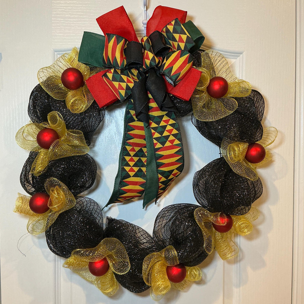 Juneteenth Wreath Black Gold Deco Mesh, Kente Print Bow Wreath, African American Door Wreath, Juneteenth Decor, Handmade Freedom Day Wreath