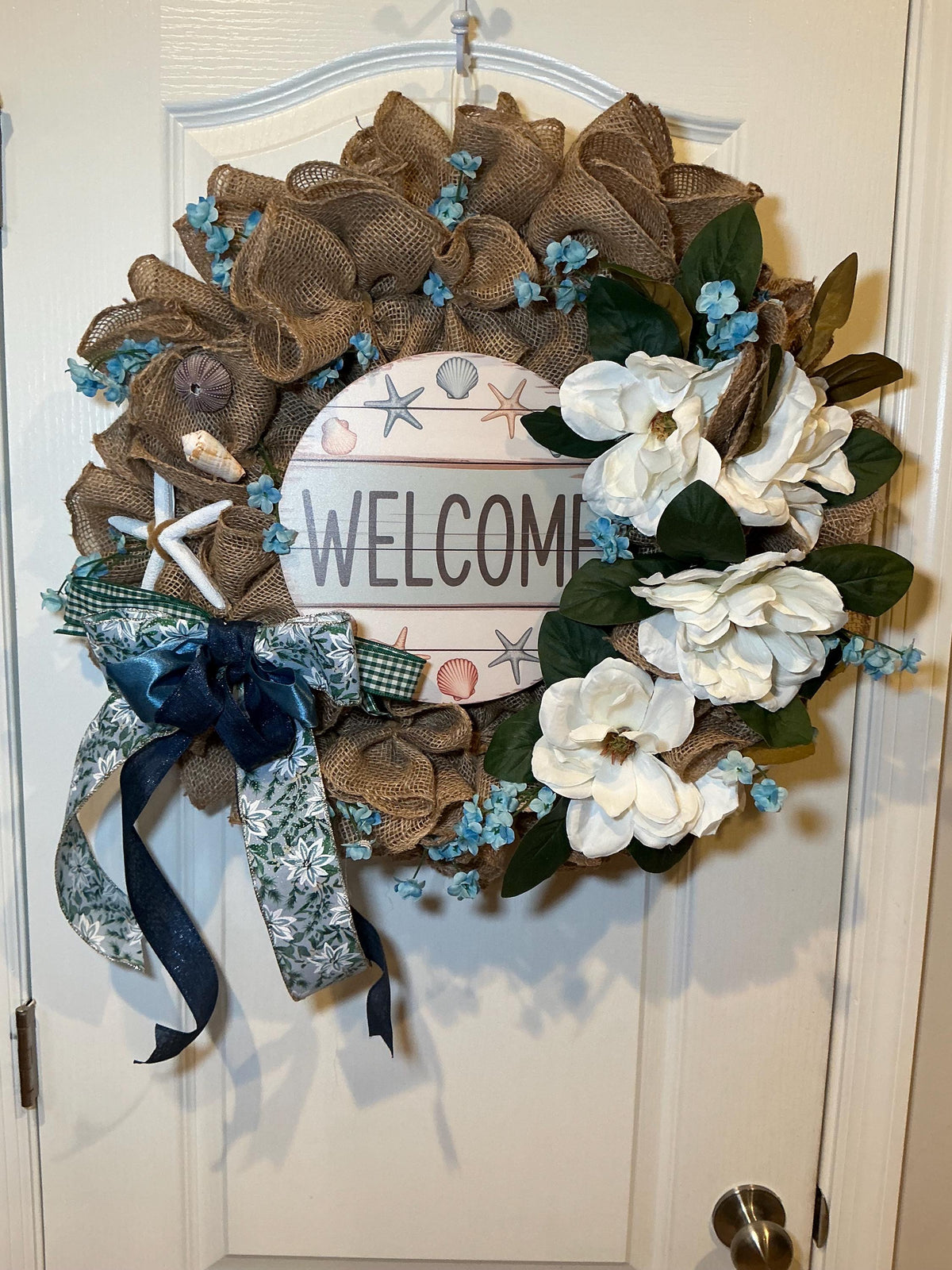 Magnolia Coastal Burlap Wreath, Seashell Starfish Welcome Sign, Beach House Decor