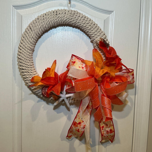 Tropical Orange Coastal Wreath, Rope Starfish Beach Decor, Seashell Nautical Front Door Wreath, Lake House Housewarming Gift, Handmade Summe