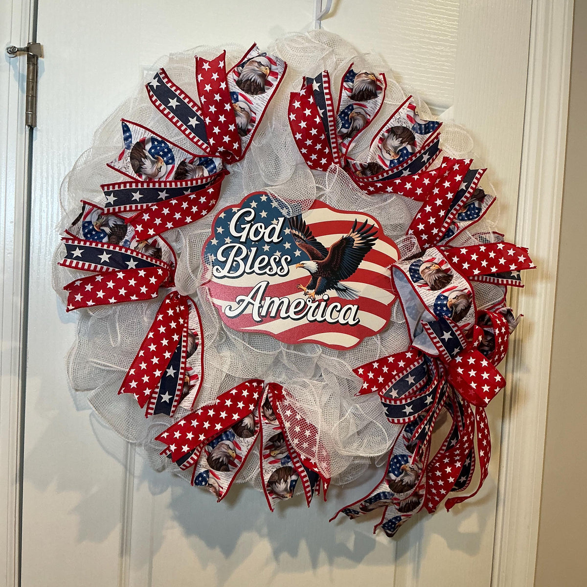 God Bless America Wreath, Fourth of July Front Door Decor, Bald Eagle Sign, Red White Blue Memorial Day Americana Wreath
