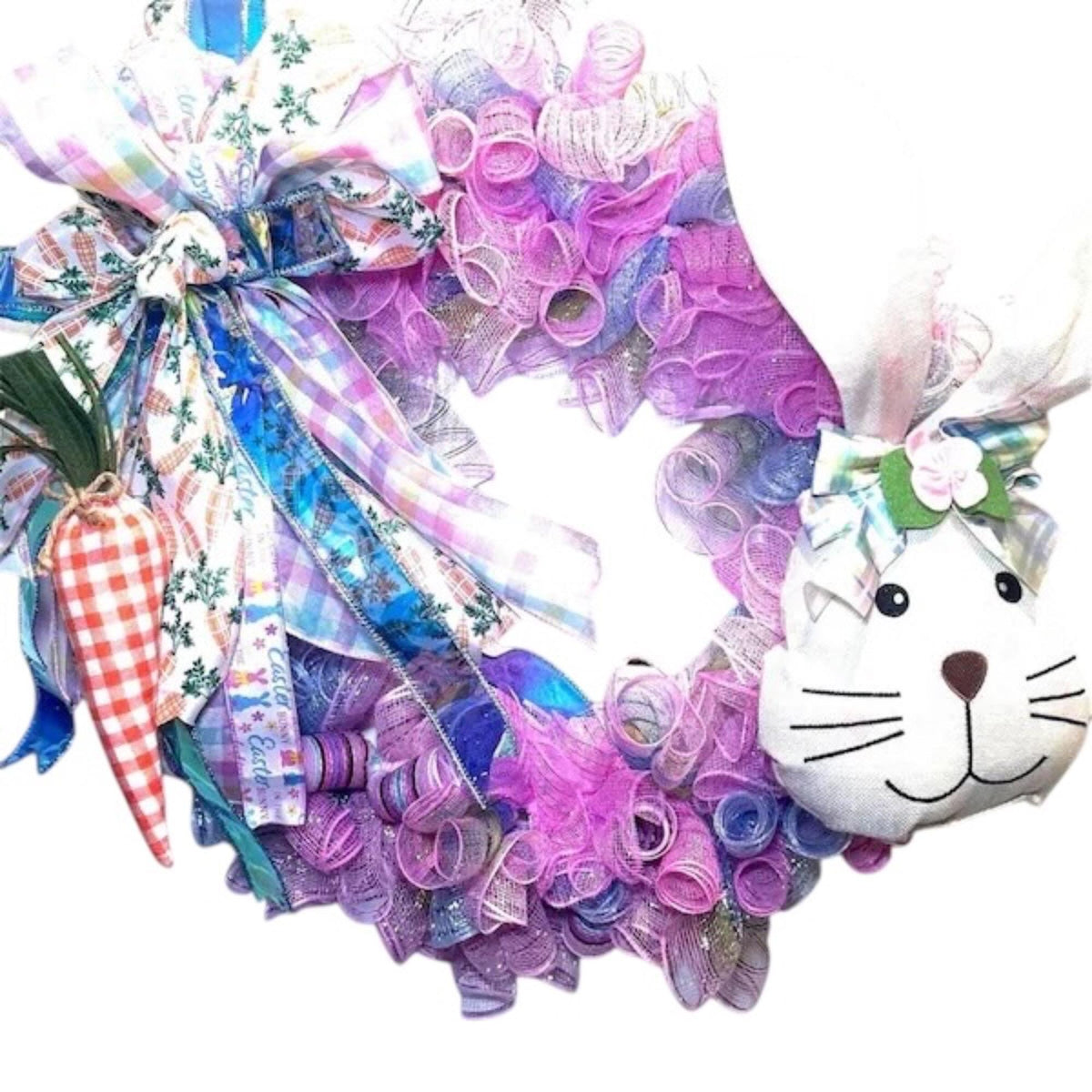 Pastel Easter Bunny Wreath, Gingham Carrot, Spring Door Decor