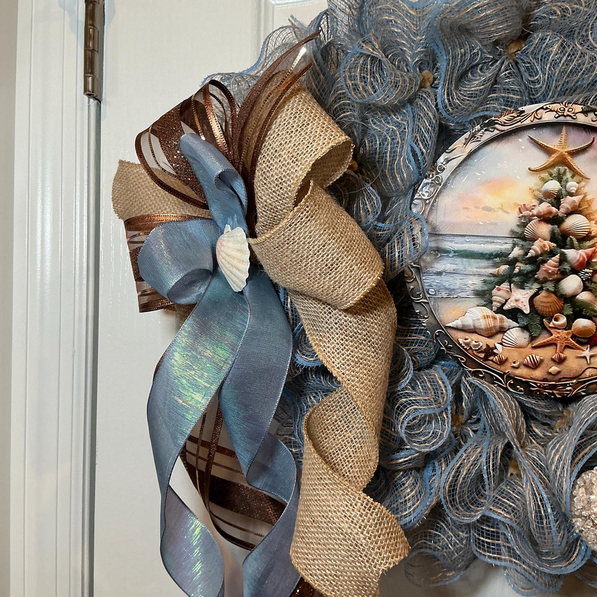 14 Inch Coastal Christmas Wreath with Nautical Seashell Tree, Blue Gold Beach Decor