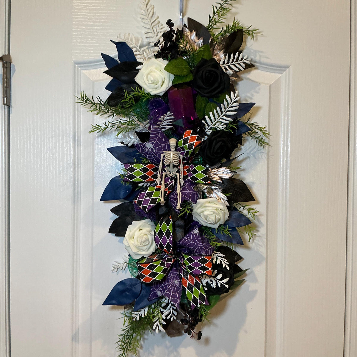 Gothic Halloween Floral Swag, Black Ivory Roses with Skeleton Spiderweb Bow