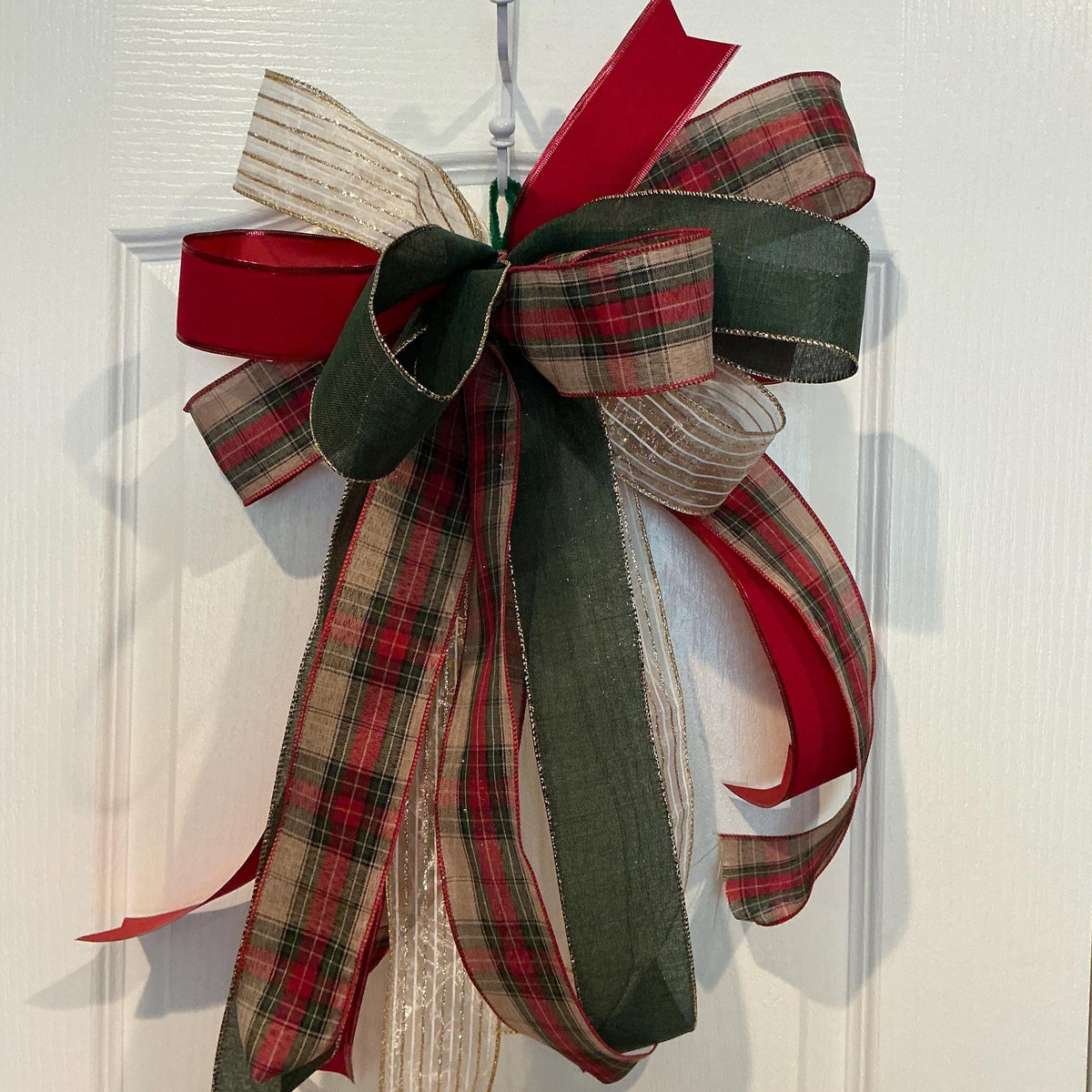 Handmade Designer Christmas Bow, Plaid, Red, Green, Gold Ribbon (13 Inch Wide)