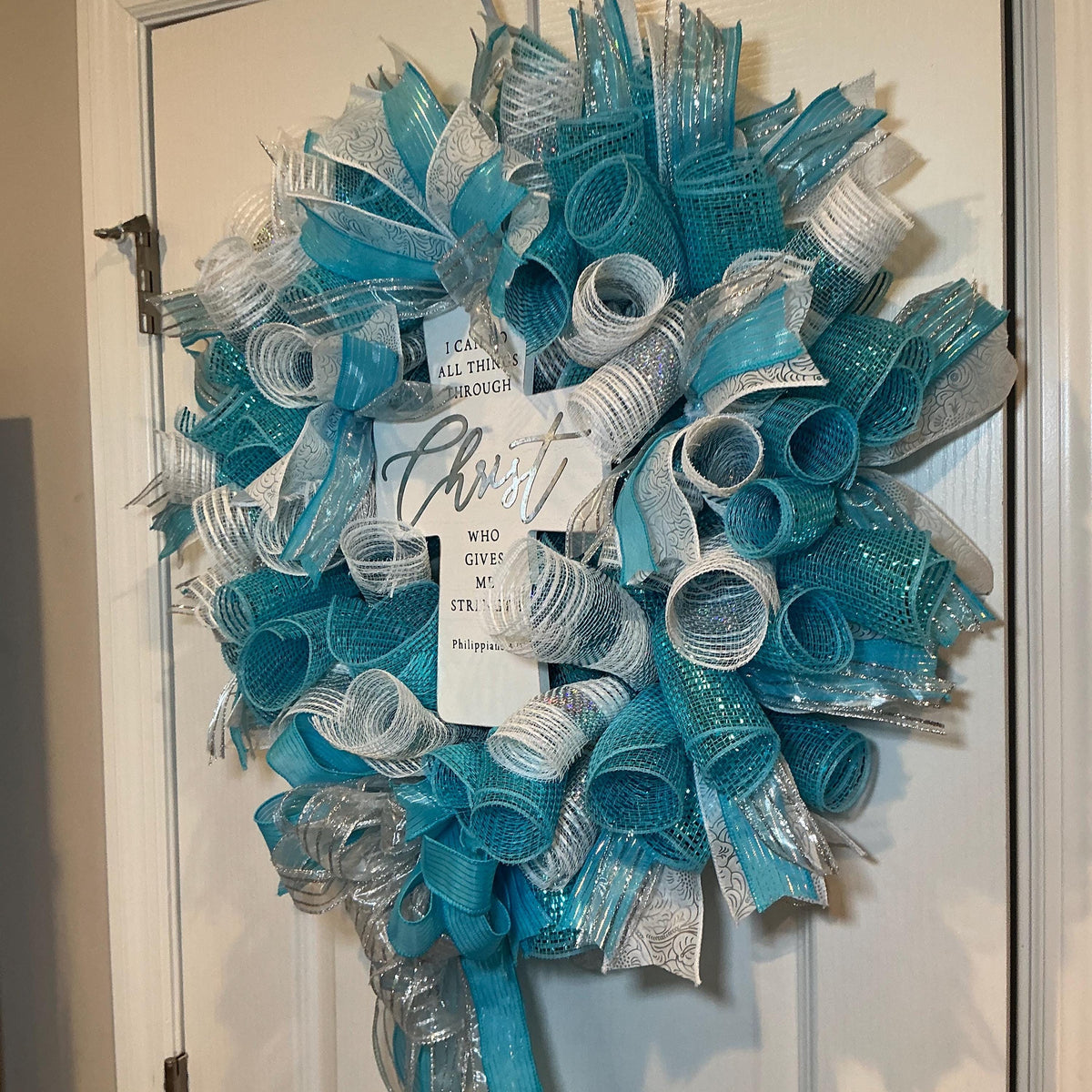 Philippians 4:13 Cross Wreath, Teal Silver Faith Scripture Decor, Christian Church Gift