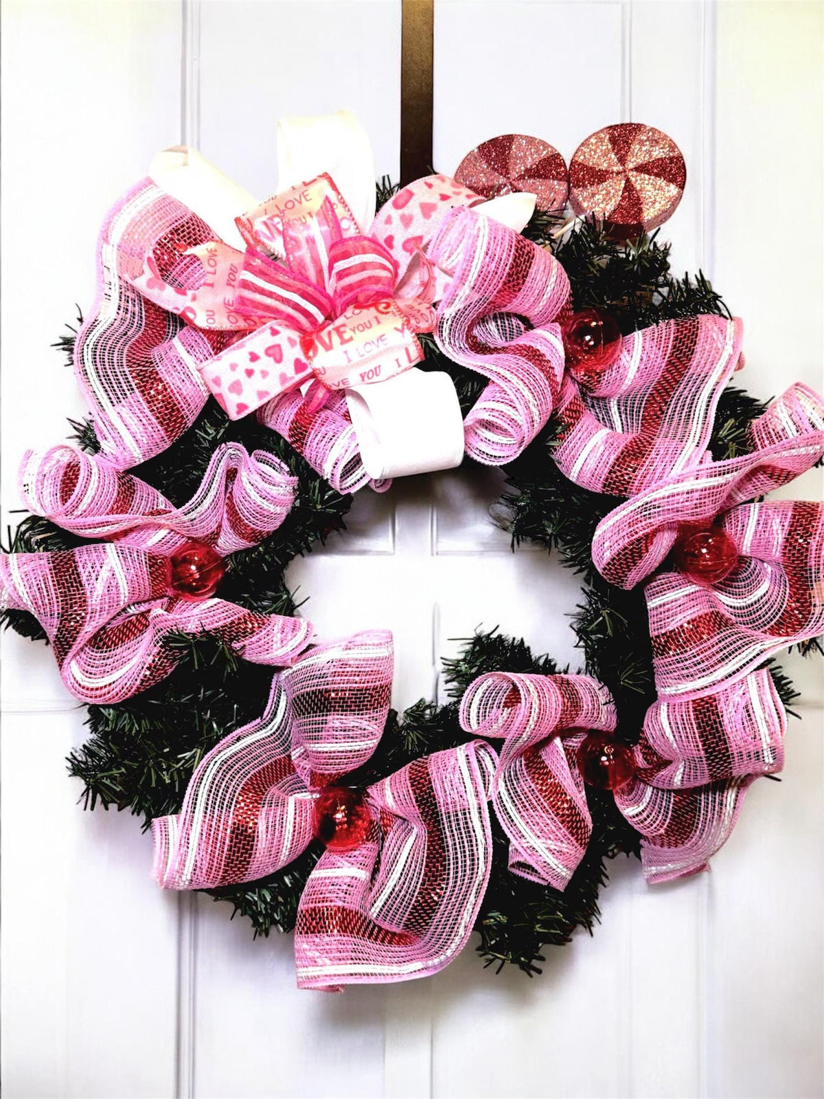 Valentine’s Day Candy Wreath, Sweetheart Conversation Heart Door Decor , Pink and Red Valentine Front Door Hanging Wreath