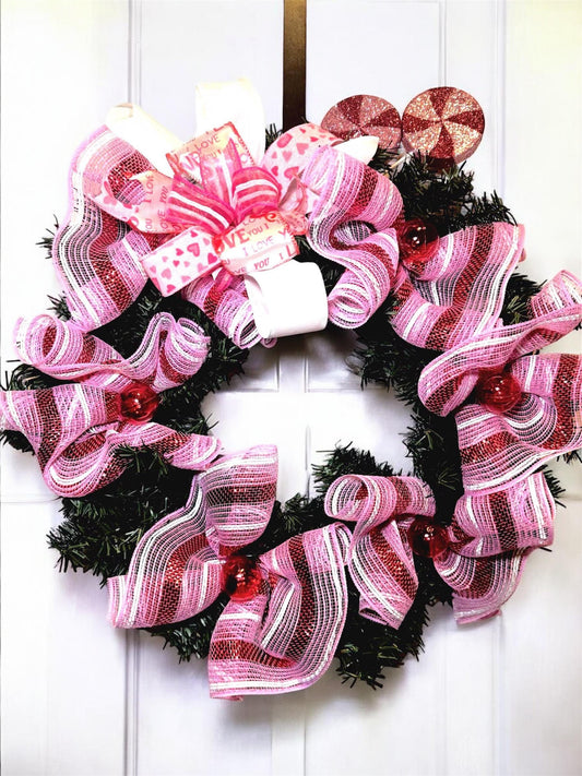 Valentine’s Day Candy Wreath, Sweetheart Conversation Heart Door Decor , Pink and Red Valentine Front Door Hanging Wreath
