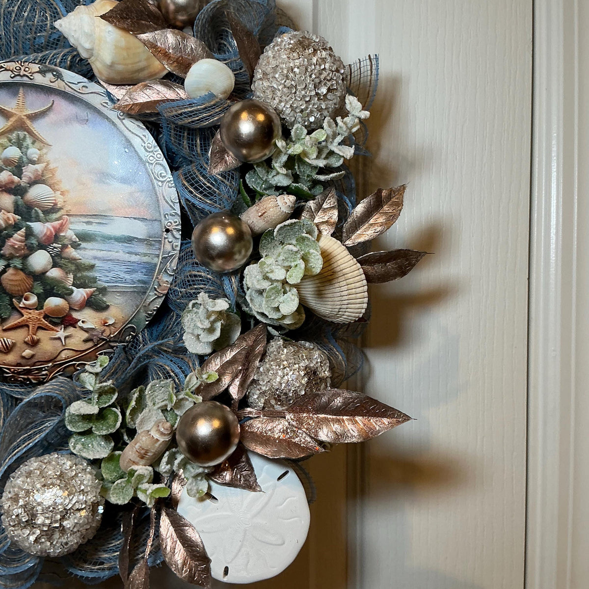 14 Inch Coastal Christmas Wreath with Nautical Seashell Tree, Blue Gold Beach Decor