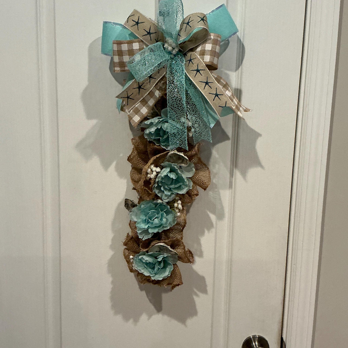 Coastal Beach Swag Wreath, Nautical Starfish Umbrella, Blue Peony Shell Decor