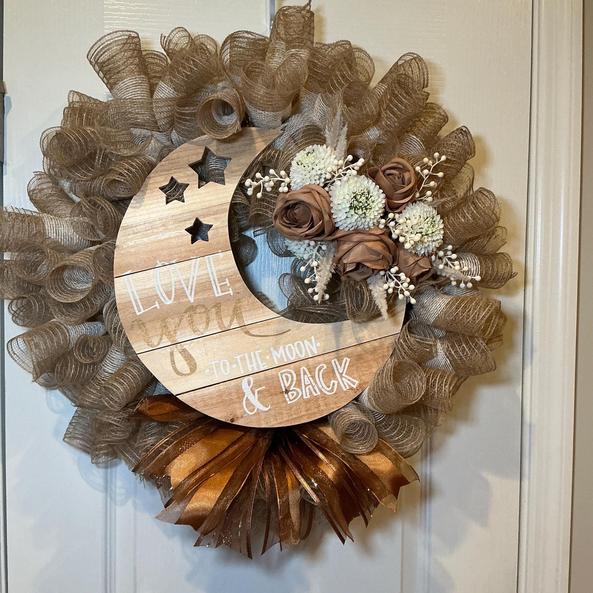 Love You to the Moon Wreath, Farmhouse Front Door Wreath, Burlap Wreath, Caramel Rose Wreath, Wood Moon Sign, Romantic Home Decor