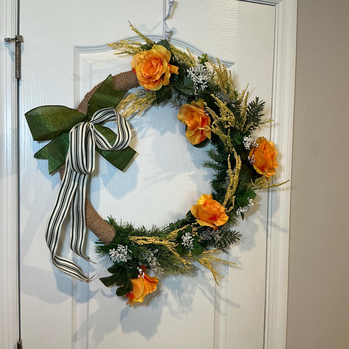 Farmhouse Spring Wreath, Orange Floral, Wheat Accent, Black White Bow