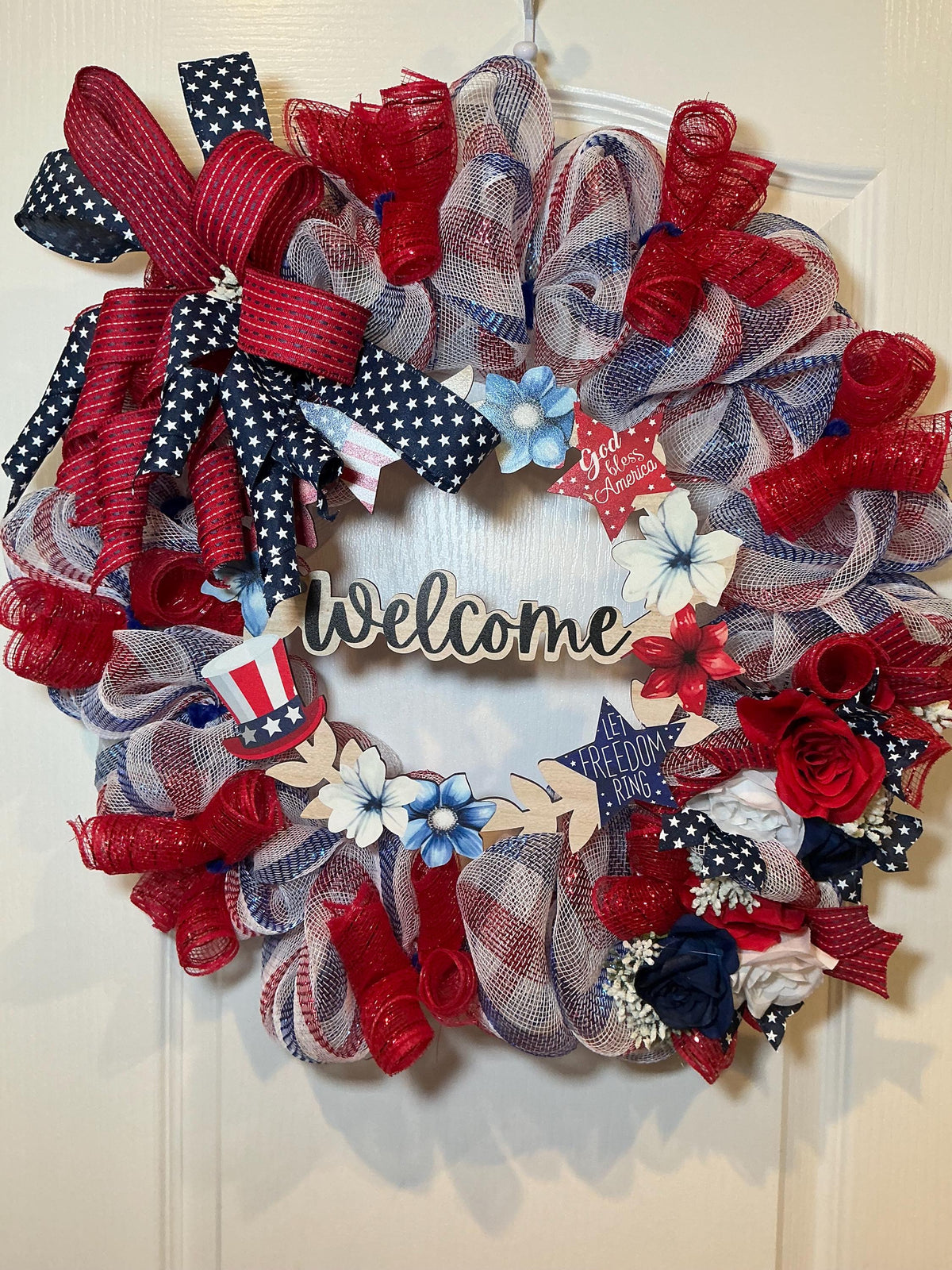 Patriotic Welcome Wreath with Red White Blue Polka Dot Bow and Star, Fourth of July Door Decor