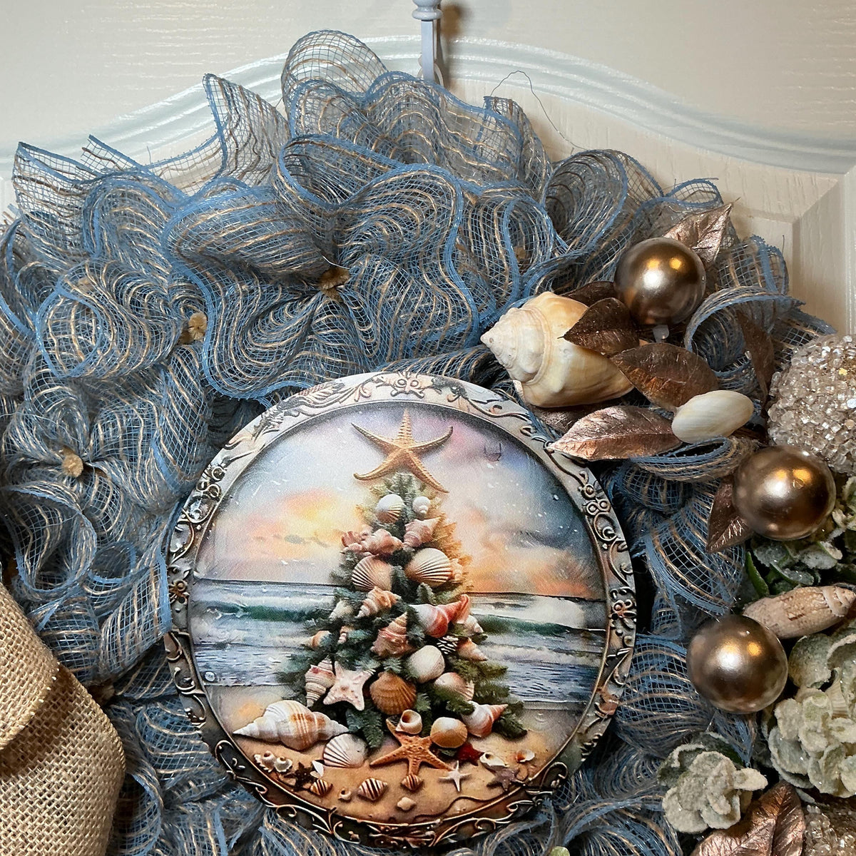 14 Inch Coastal Christmas Wreath with Nautical Seashell Tree, Blue Gold Beach Decor