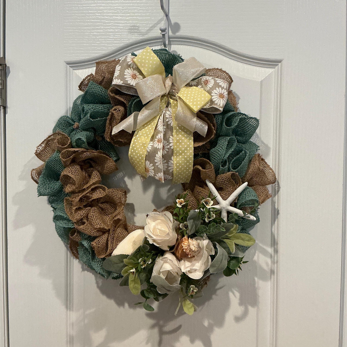 Teal and Natural Burlap, Coastal Burlap Wreath, Seashell Starfish Wreath, Beach Door Wreath, Farmhouse Wreath, 14 Inch