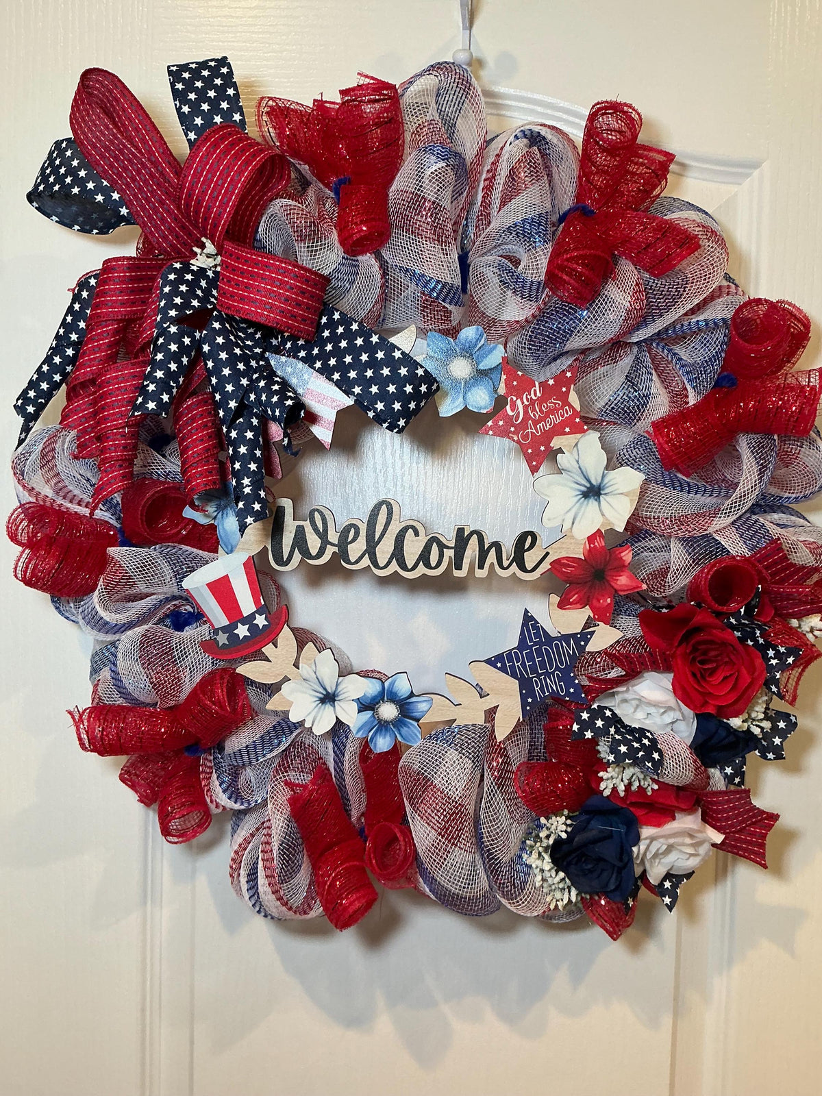 Patriotic Welcome Wreath with Red White Blue Polka Dot Bow and Star, Fourth of July Door Decor