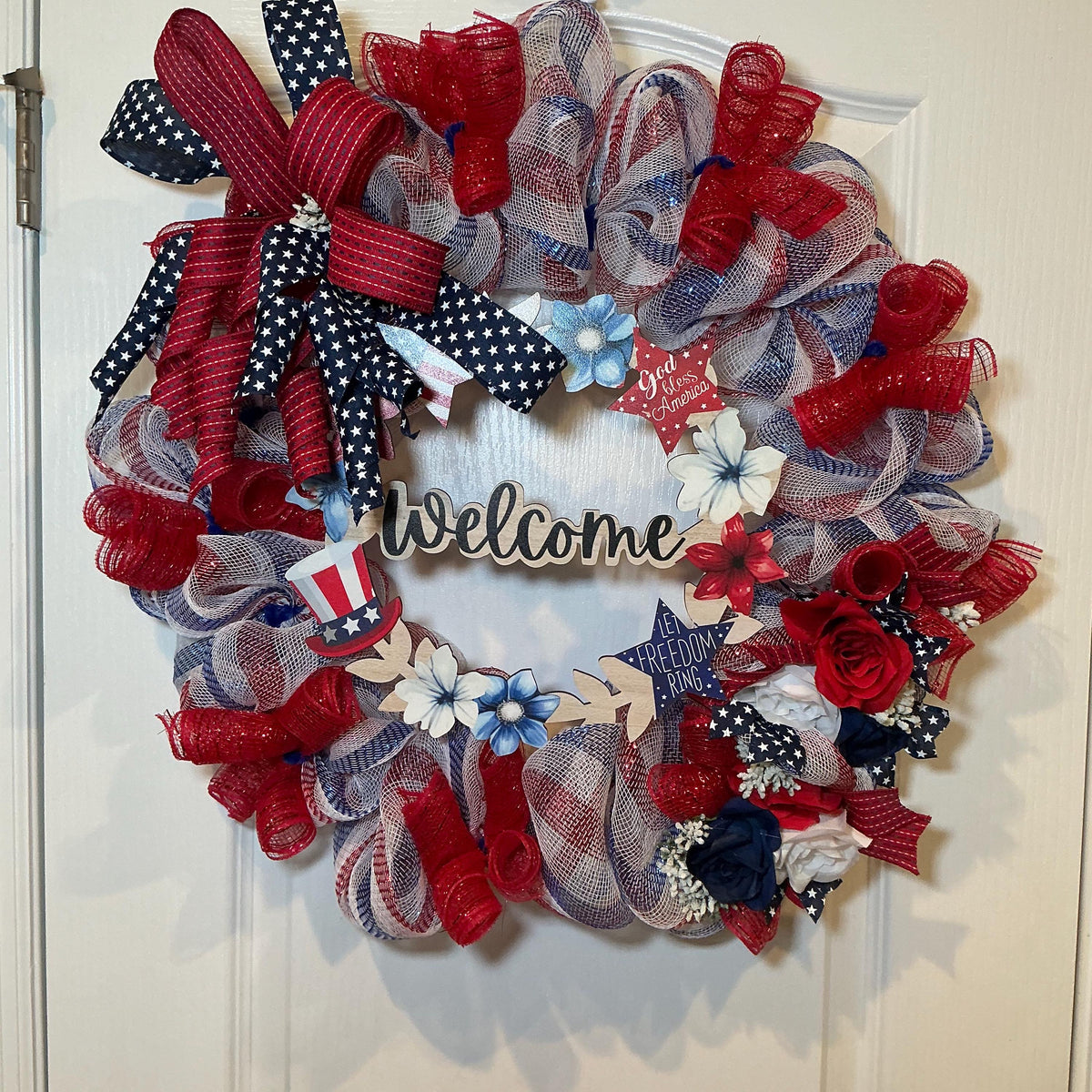 Patriotic Welcome Wreath with Red White Blue Polka Dot Bow and Star, Fourth of July Door Decor