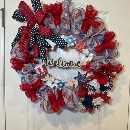 Patriotic Welcome Wreath with Red White Blue Polka Dot Bow and Star, Fourth of July Door Decor