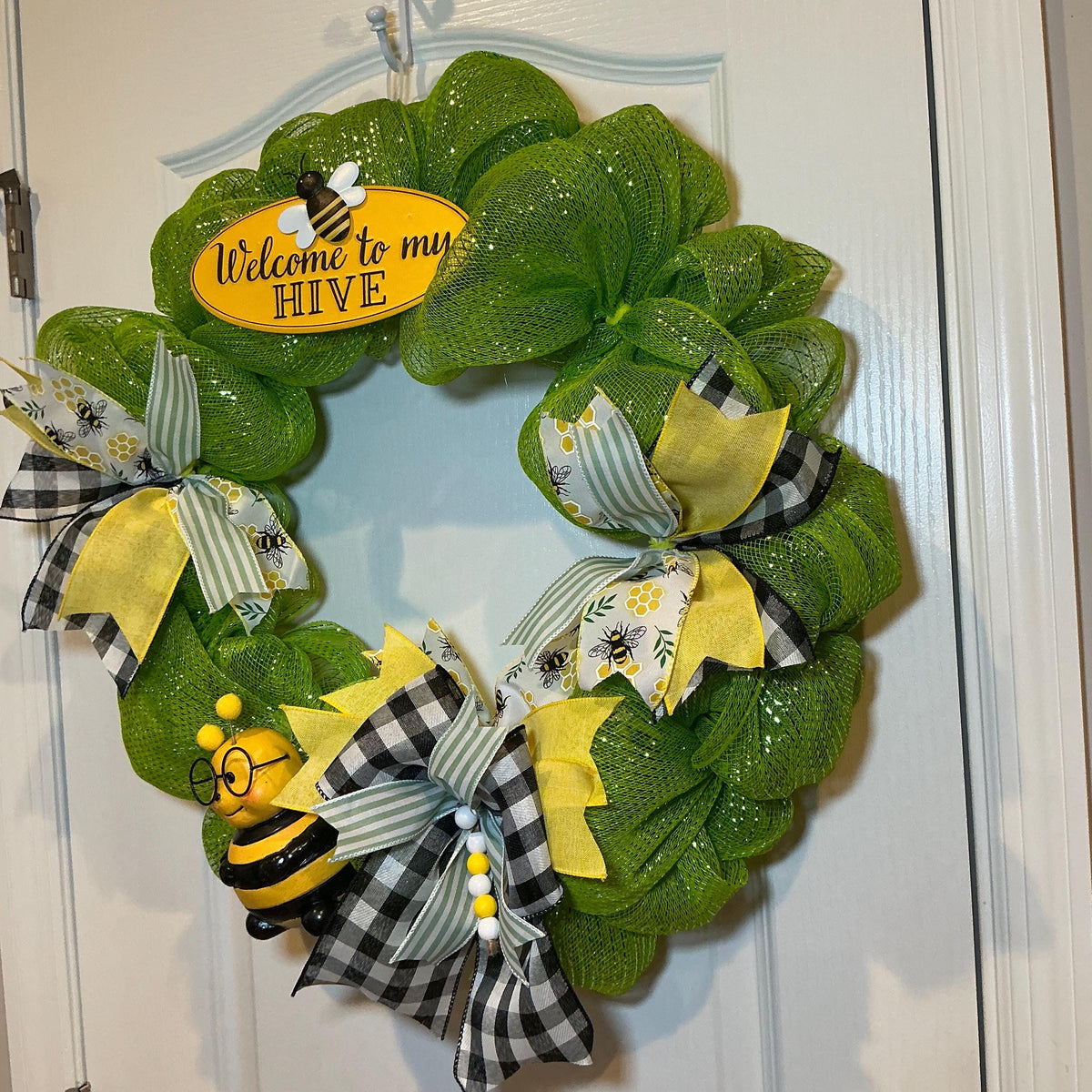 Welcome to My Hive Wreath, Bumble Bee & Buffalo Plaid Spring Summer Door Decor.