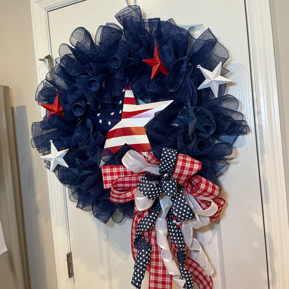 Navy Blue Americana Wreath, 4th of July Wreath for Front Door, Flag Star Sign, Metal Stars, Red Gingham Bow