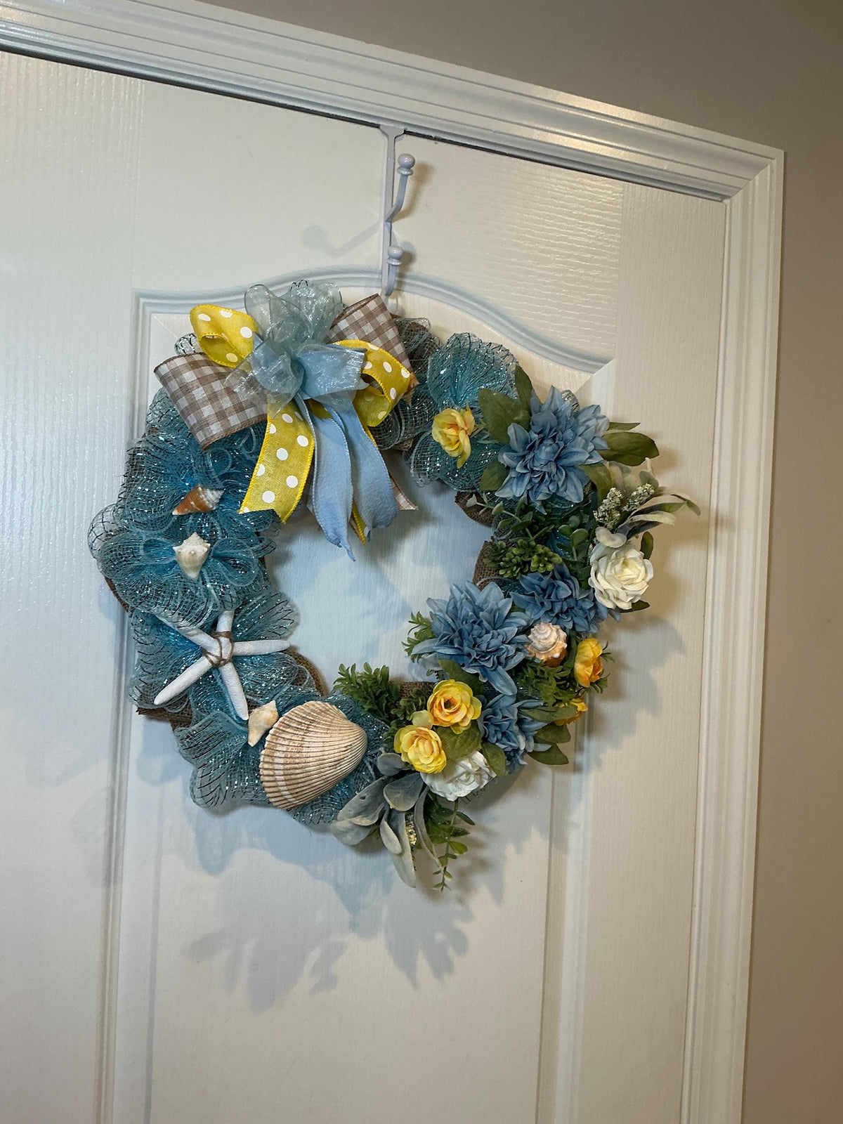 Heart Shaped Coastal Wreath with Dahlia, Ranunculus, Seashells and Starfish, Storm Door Decor