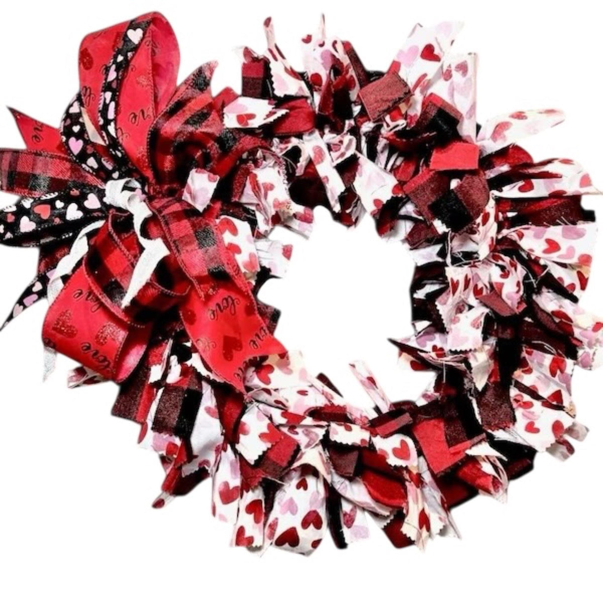 Buffalo Plaid Fabric Rag Wreath, Red Plaid Rustic Farmhouse Front Door Decor