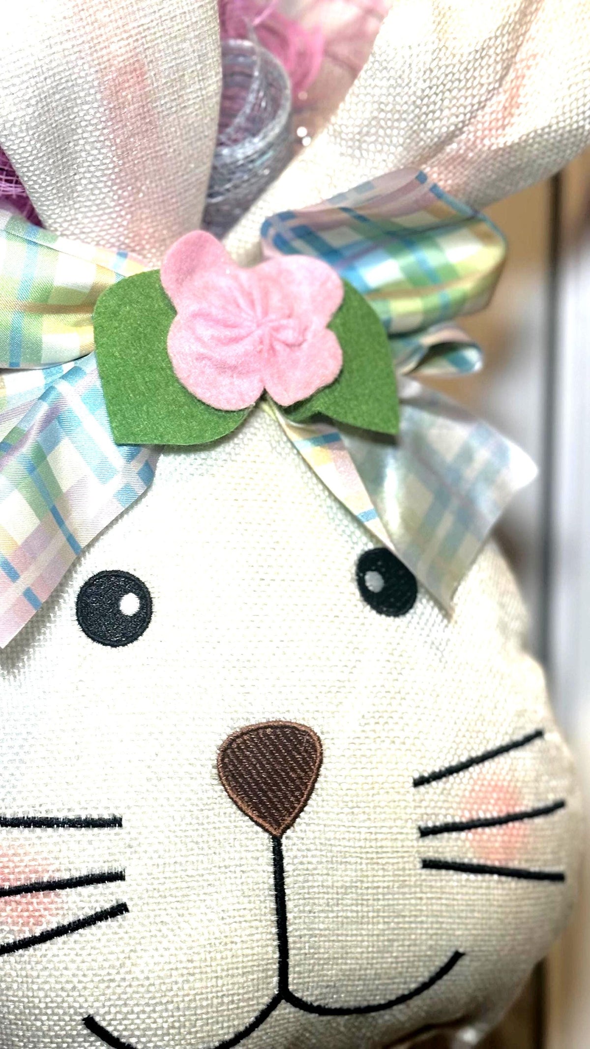 Pastel Easter Bunny Wreath, Gingham Carrot, Spring Door Decor