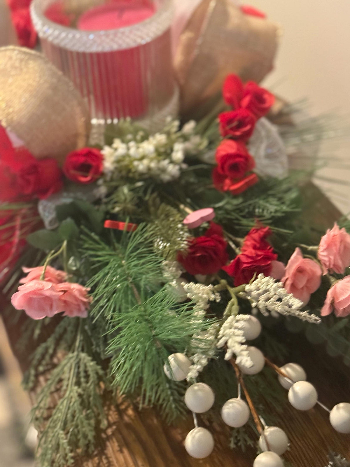 Floral Valentine Candle Centerpiece, Red Polka Dot Bow, Farmhouse Table Decor