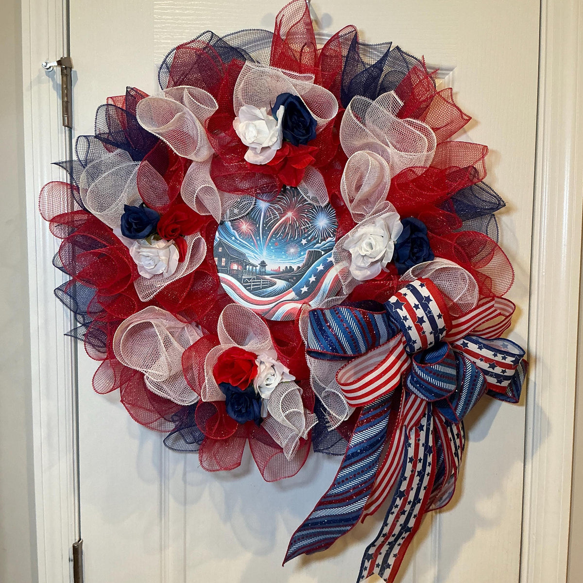 Fireworks Night Sky Sign Wreath, Americana Red White Blue Stars Stripes, 18 Inch Independence Day