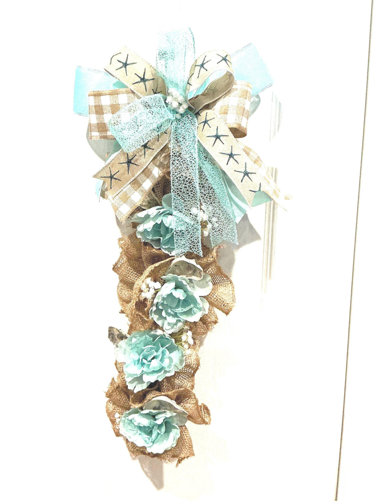 Coastal Beach Swag Wreath, Nautical Starfish Umbrella, Blue Peony Shell Decor