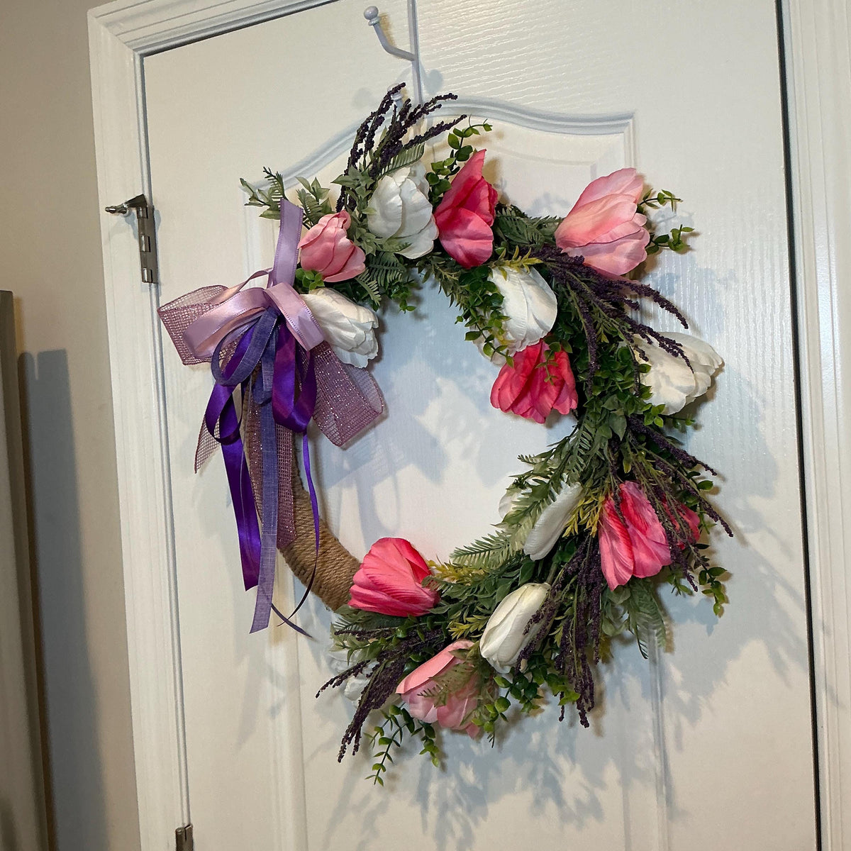Handmade Tulip Wreath, 18 Inch Pink White Lavender Farmhouse Decor, Purple Ribbon Bow