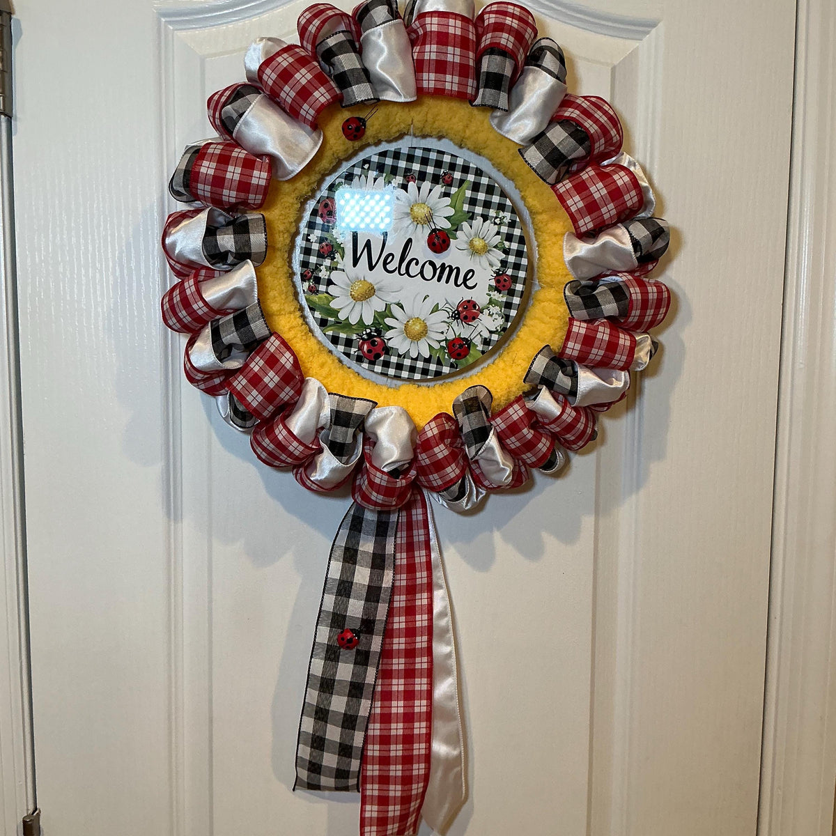 Ladybug Wreath for Front Door, Welcome Wreath, Daisy Ladybug Decor, Farmhouse, Buffalo Check Handmade Gift